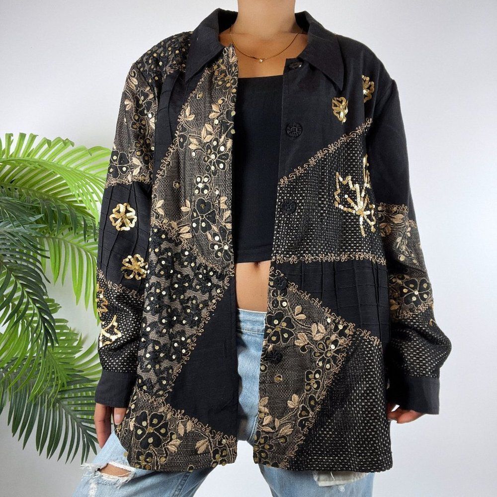 Vintage 90s Indigo Moon Fairy Grunge Patchwork Bohemian Oversized Shacket / 1X